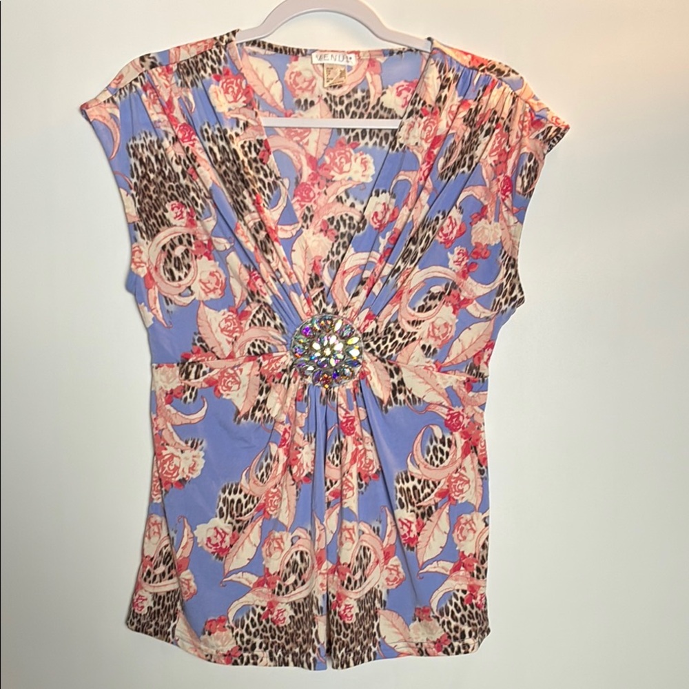 Venus AB Embellished Multicolor Patterned Rouged  Sleeves Blouse